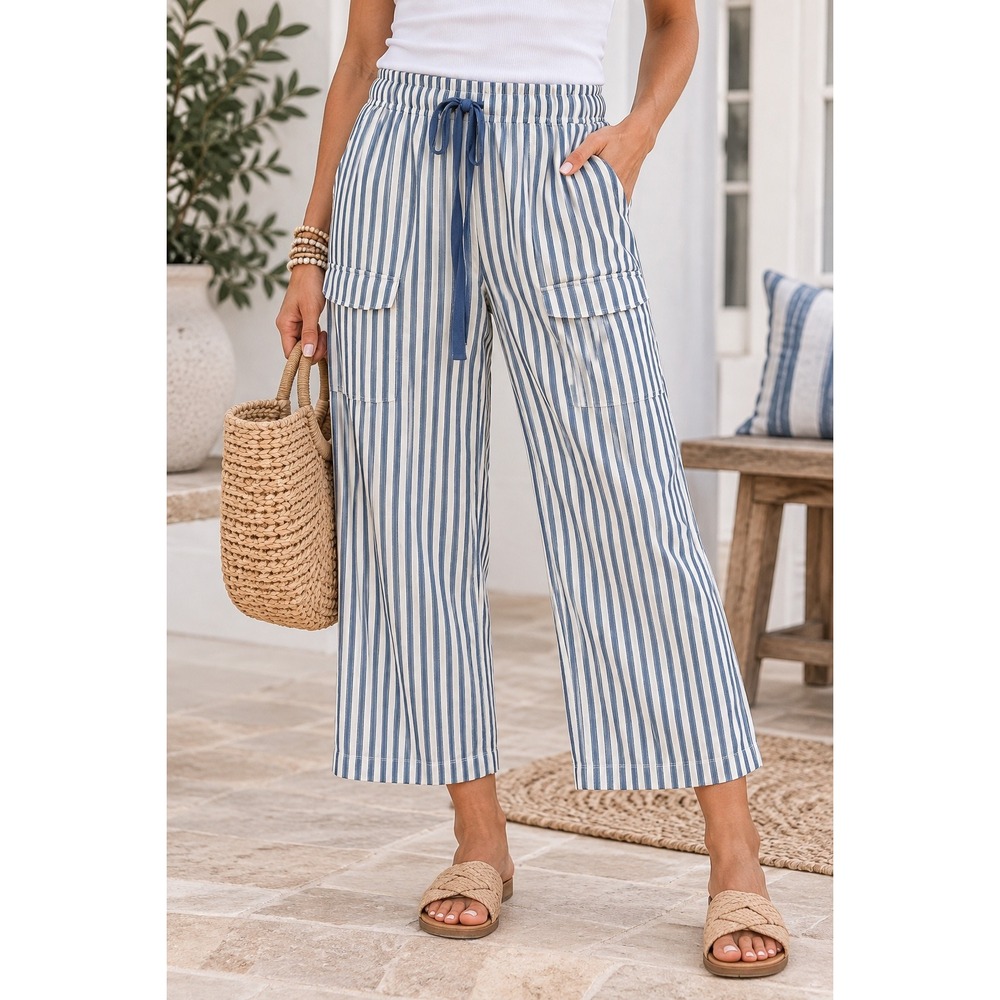 EXLURA Women's Large Blue White Striped Crop Wide Leg Pants Coastal NWT